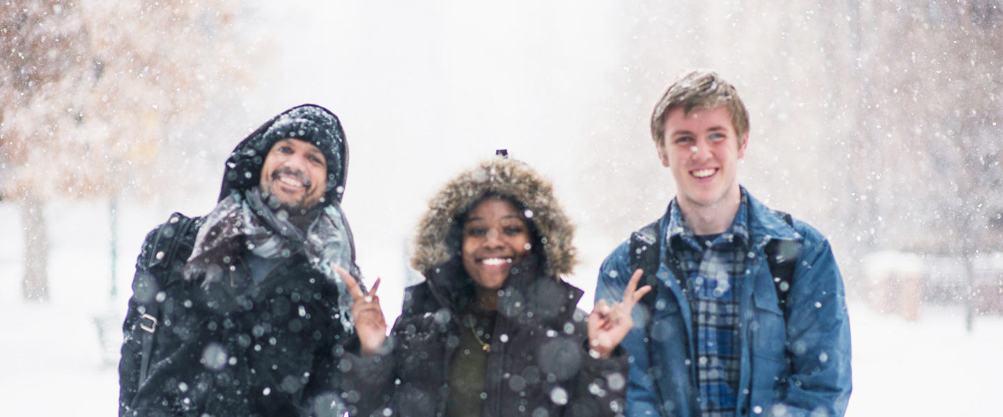 Three students bundled up in winter coats smile and pose in the falling snow on a campus pathway lined with trees.