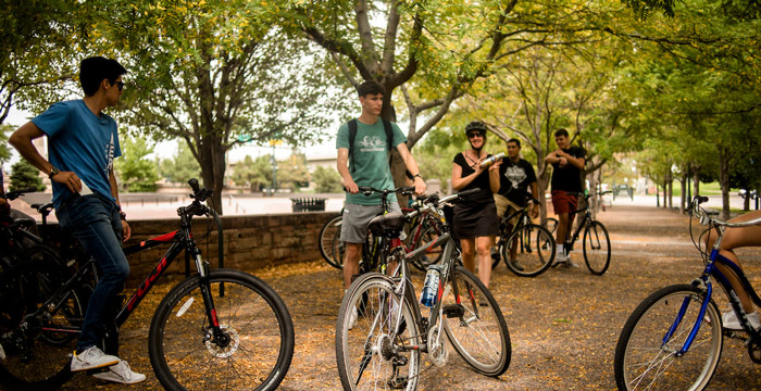 A group of students with bicycles gathers under a canopy of green trees, chatting and preparing for a ride.