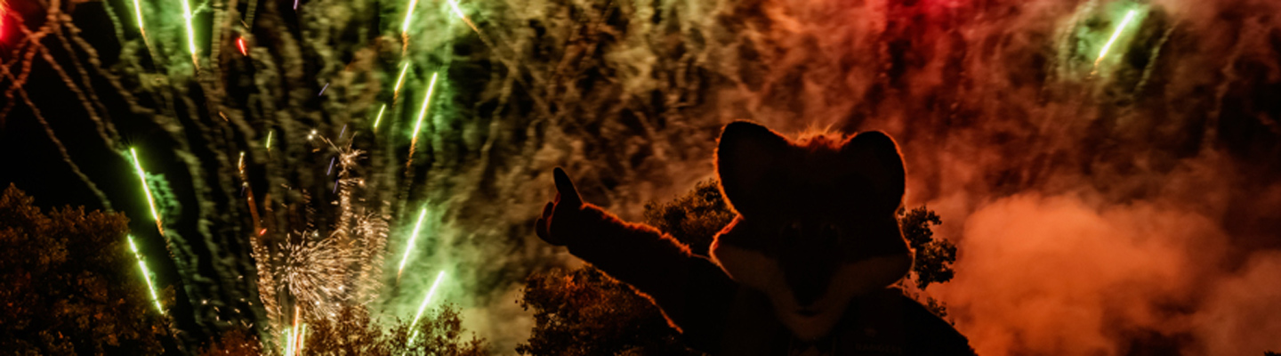 Regi the mascot holding a thumbs-up with fireworks and smoke in the background