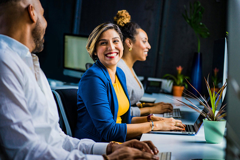 business administration professional work on laptop computers while advancing their careers in a professional workspace